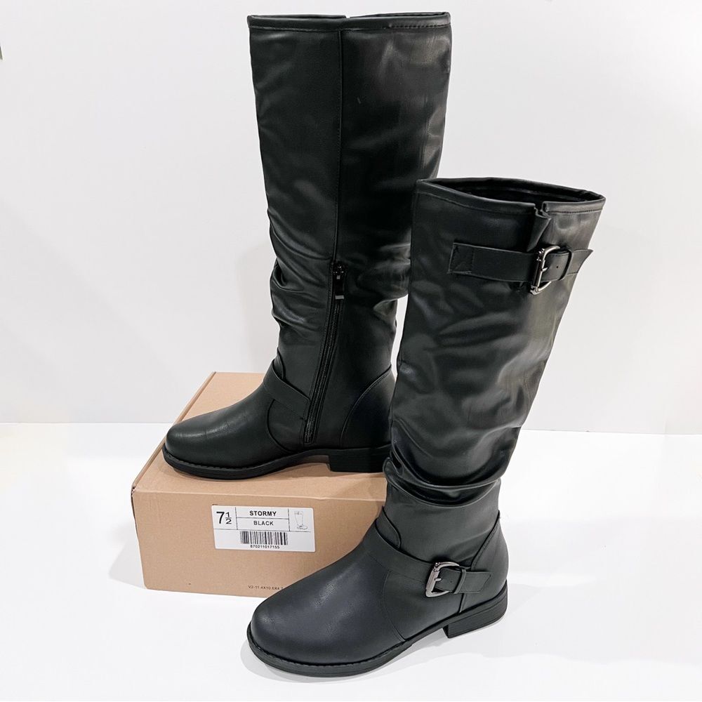 Journee Collection Stormy Riding Boots Vegan Leather Buckle Zip Black 7.5 NEW